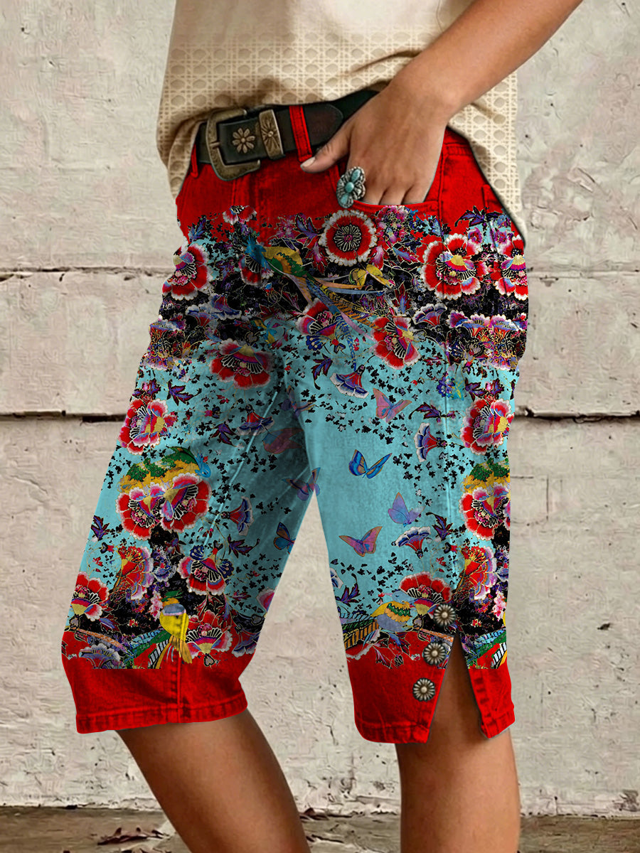 Retro Style Floral Print Vintage Casual Denim Shorts